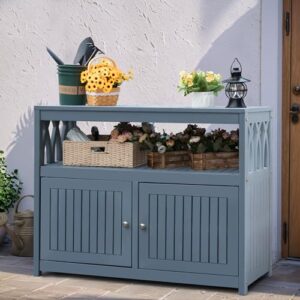 Greesum 2-Tier Outdoor Storage Cabinet in Acacia Wood, with 2 Magnetic Doors, for Garden, Picnic, Buffet, TV Stand, or Bar Table, Grey