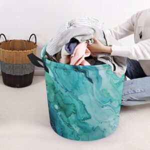 TsyTma Watercolor Turquoise Laundry Basket Green Sea Water Collapsible Laundry Hamper with Handles Small Round Toy Bin for Dirty Clothes Hamper Bedroom Bathroom