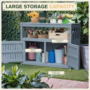 Greesum 2-Tier Outdoor Storage Cabinet in Acacia Wood, with 2 Magnetic Doors, for Garden, Picnic, Buffet, TV Stand, or Bar Table, Grey