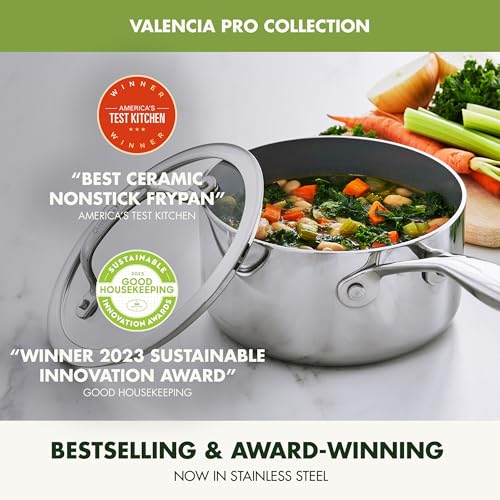 GreenPan Valencia Pro Stainless Steel 1.5QT Saucepan with Lid, Induction Mirrored Tri-Ply, Ceramic Nonstick PFAS-Free PFOA- Free Coating, Multi Clad Pan, Induction, Dishwasher Safe, Oven &Broiler Safe