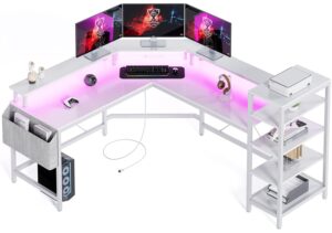 patikuin l shaped desk with power outlets & led lights, 62" computer desk with full monitor stand & storage shelves, corner desk gaming desk, ergonomic home office desk, white