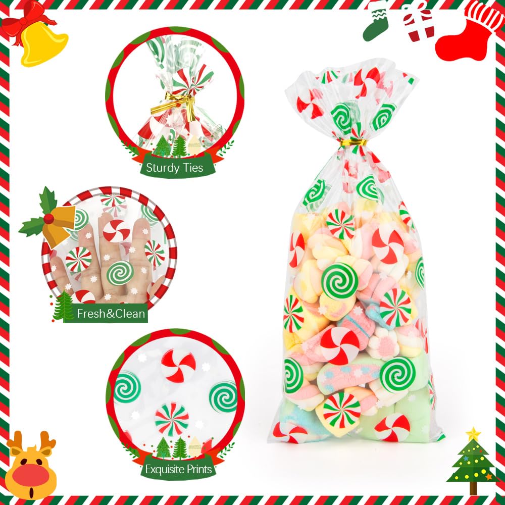 Christmas Treat Bags, 50 Pack Christmas Candy bags, Cellophane Treat Bags with Twist Ties, Christmas Candy Cane Goodie Gift Bags, Cello Holiday Treat Bags for Gift Wrap Sweets Xmas Party Favor Supplies