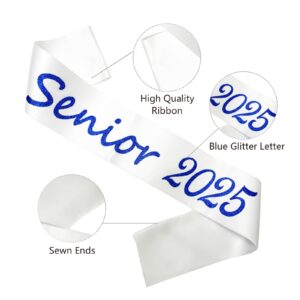 Ashaqshnglee Senior Sash 2025, 2PCS Graduation Sash White with Blue Glitter Letter Finally Graduated Cheerleader Party Celebration Decorations