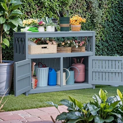 Greesum 2-Tier Outdoor Storage Cabinet in Acacia Wood, with 2 Magnetic Doors, for Garden, Picnic, Buffet, TV Stand, or Bar Table, Grey