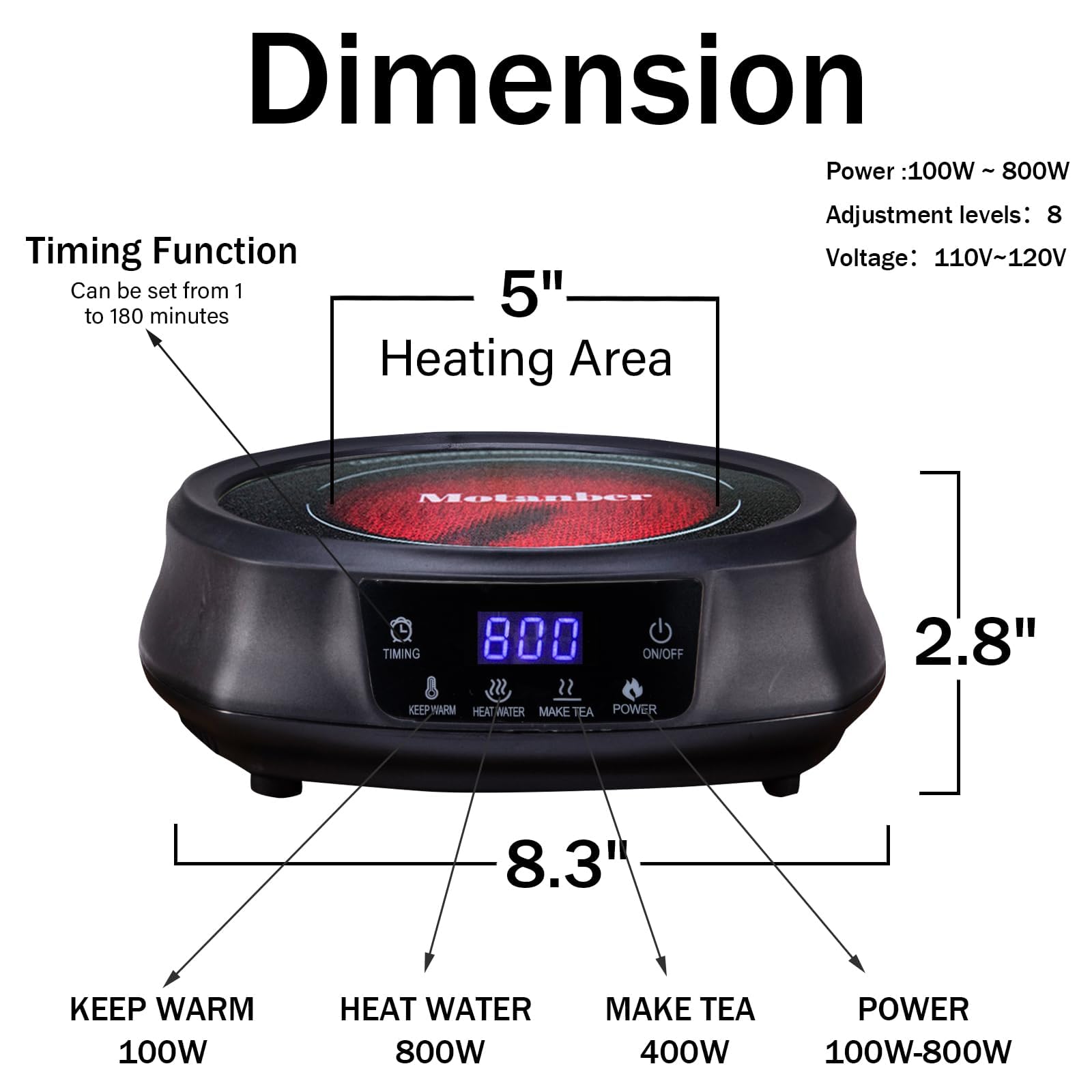 Motanber Mini Electric Stove,800W Hot Plates with 6.1”Countertop Single Burner,8 Level Temperature Control,Portable Compact Induction Cooktop,Easy to Clean,for Boiling Water, Making Tea(Black)