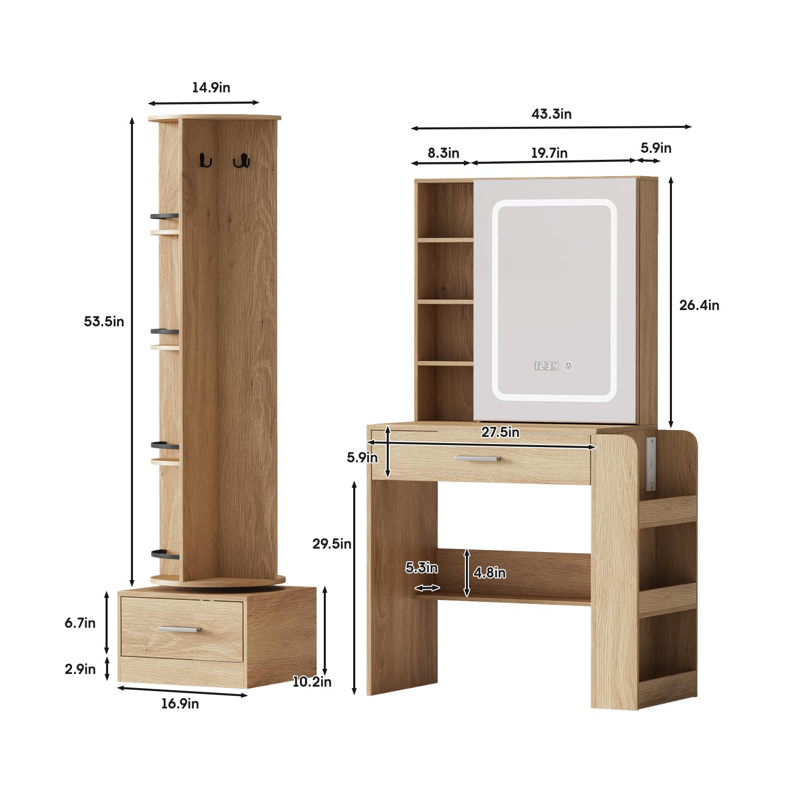 Natural Vanity Desk with Full Length Mirror and Lights Mirror Makeup Vanity Table with 2 Storage Drawers Dressing Table for Bedroom with Power Outlet,Charging Station,Hooks Hidden,Shelves,Natural