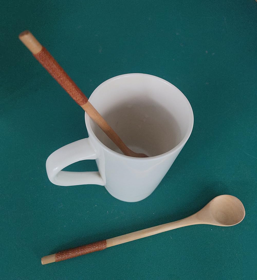 Handmade Wooden Long Handle Coffee Spoon Stirrer with Khaki Cable Tie, Retro Honey Jar Spoons Teaspoon Tea Stirring Spoon (2 Pack)