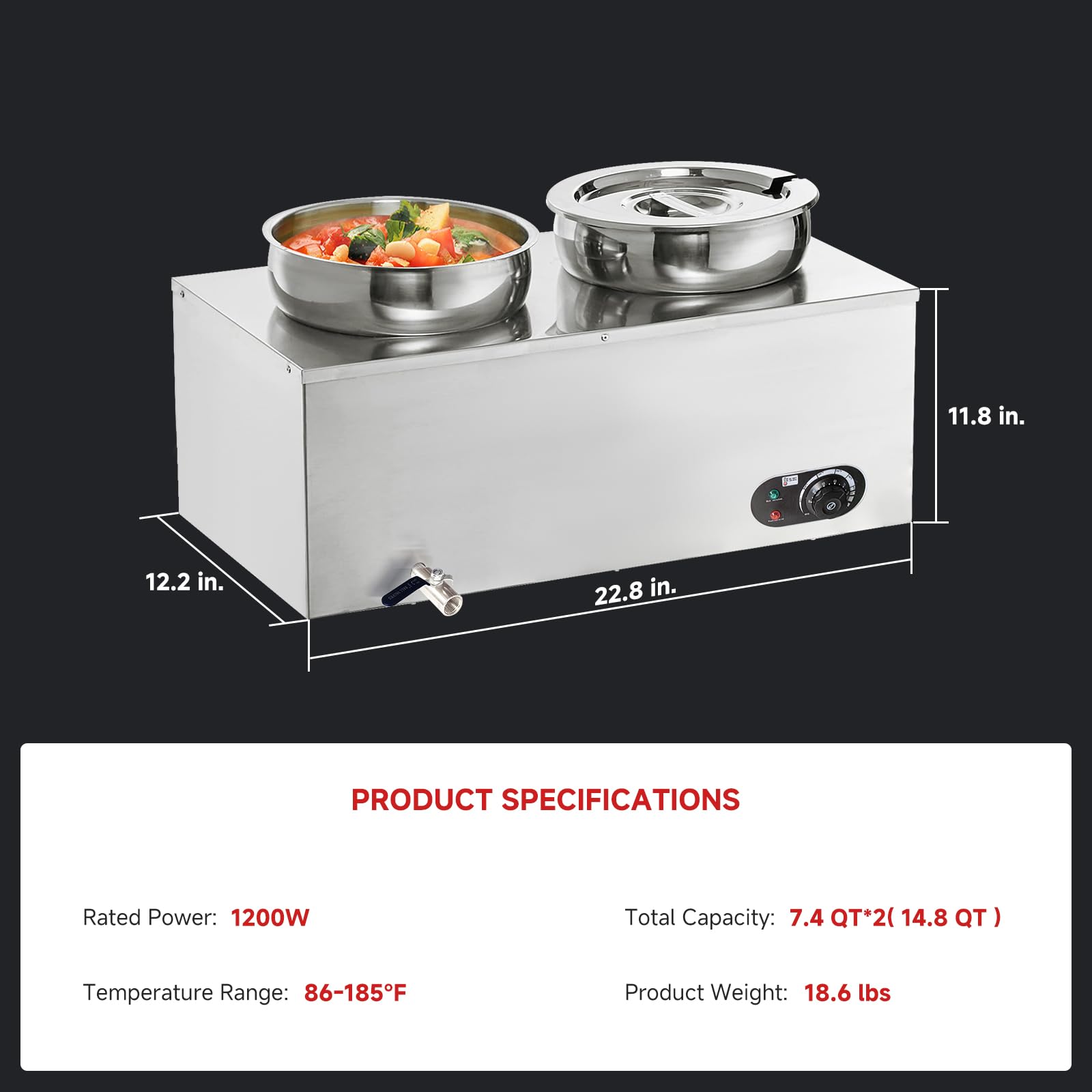 GAOMON Commercial Soup Warmer 1200W Commercial Bain Marie, Steam Table Food Warmer Electric Countertop Station with Large Stainless Steel 2X7.4QT Round Pots 86-185°F for Restaurants, Parties, Buffets