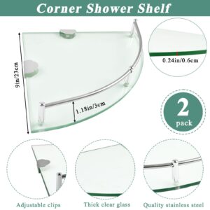 Boocalny 2 Pack Glass Corner Shelf, Corner Shower Shelf with Stainless Steel Rails, Tempered Glass Shower Caddy, Wall Mounted Glass Shelf for Bathroom Organization, 9.25x9.25x0.24in, Silver