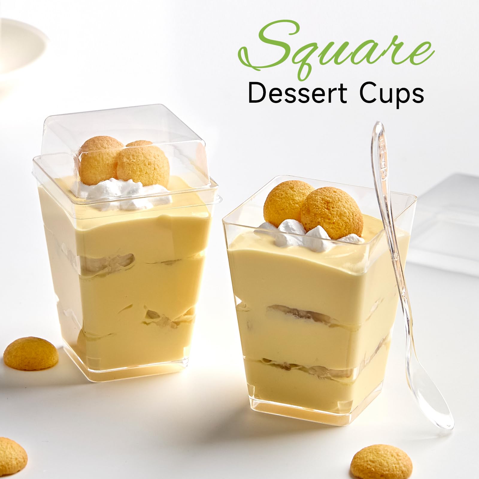 Qeirudu 50 Pack 5 oz Dessert Cups with High Lids and Spoons, Mini Plastic Yogurt Parfait Cups Square Party Serving Cup for Pudding, Appetizer, Fruit and Ice Cream