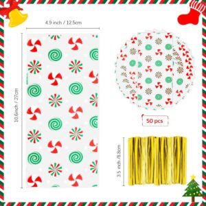 Christmas Treat Bags, 50 Pack Christmas Candy bags, Cellophane Treat Bags with Twist Ties, Christmas Candy Cane Goodie Gift Bags, Cello Holiday Treat Bags for Gift Wrap Sweets Xmas Party Favor Supplies