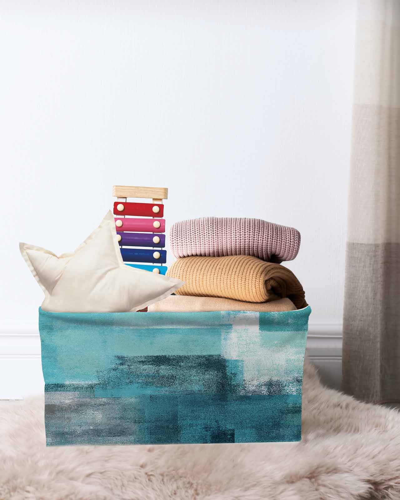 Abstract Storage Basket Turquoise Painting Large Foldable Storage Bins with Handles Modern Art Teal Gray Waterproof Fabric Laundry Baskets for Organizing Shelves Closet Toy Gifts Bedroom Home Decor