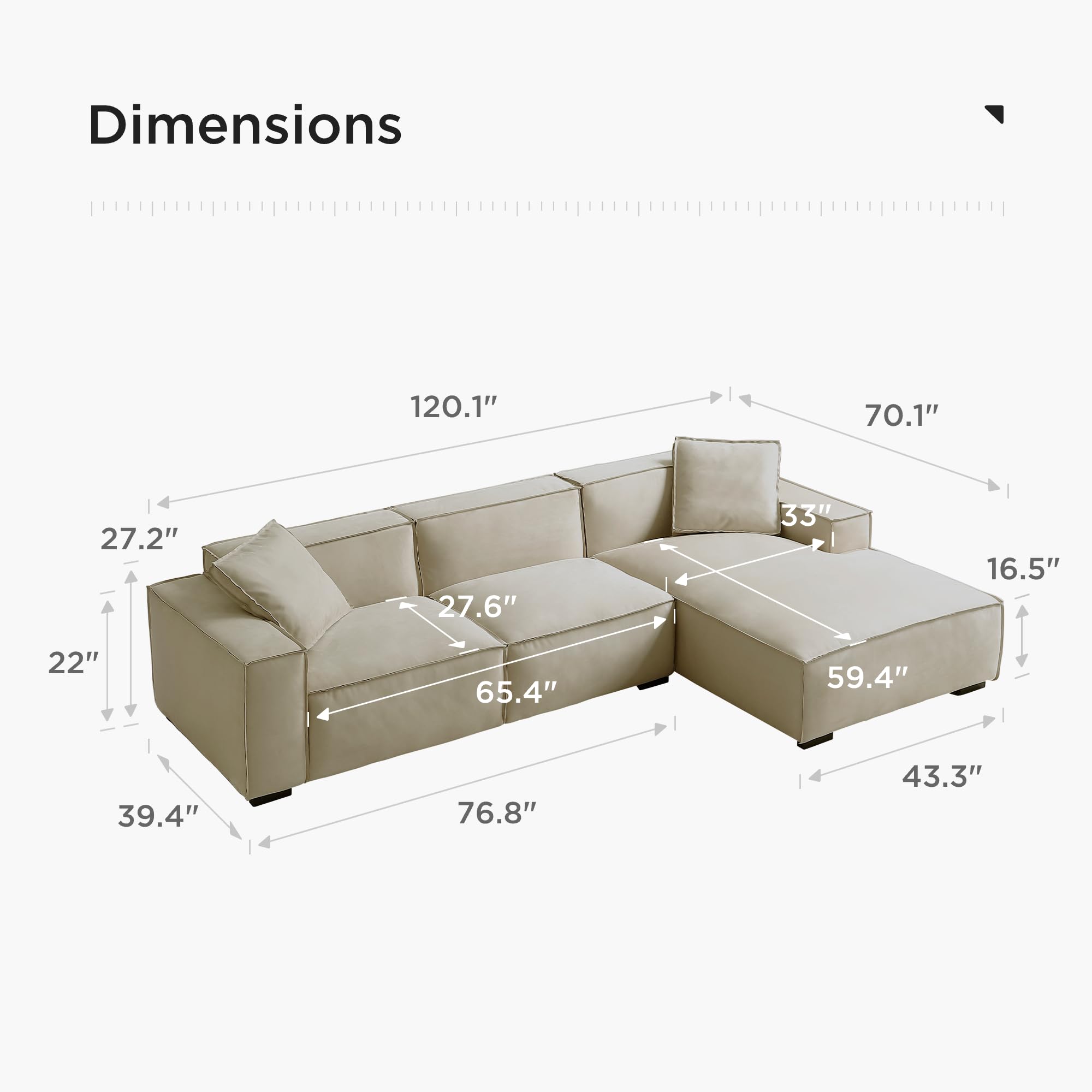 Acanva Modern L-Shaped Deep Sectional Sofa Furniture Set for Living Room Lounge, Minimalist Style Comfy Suedette Upholstery Corner Couch with Chaise, Cream