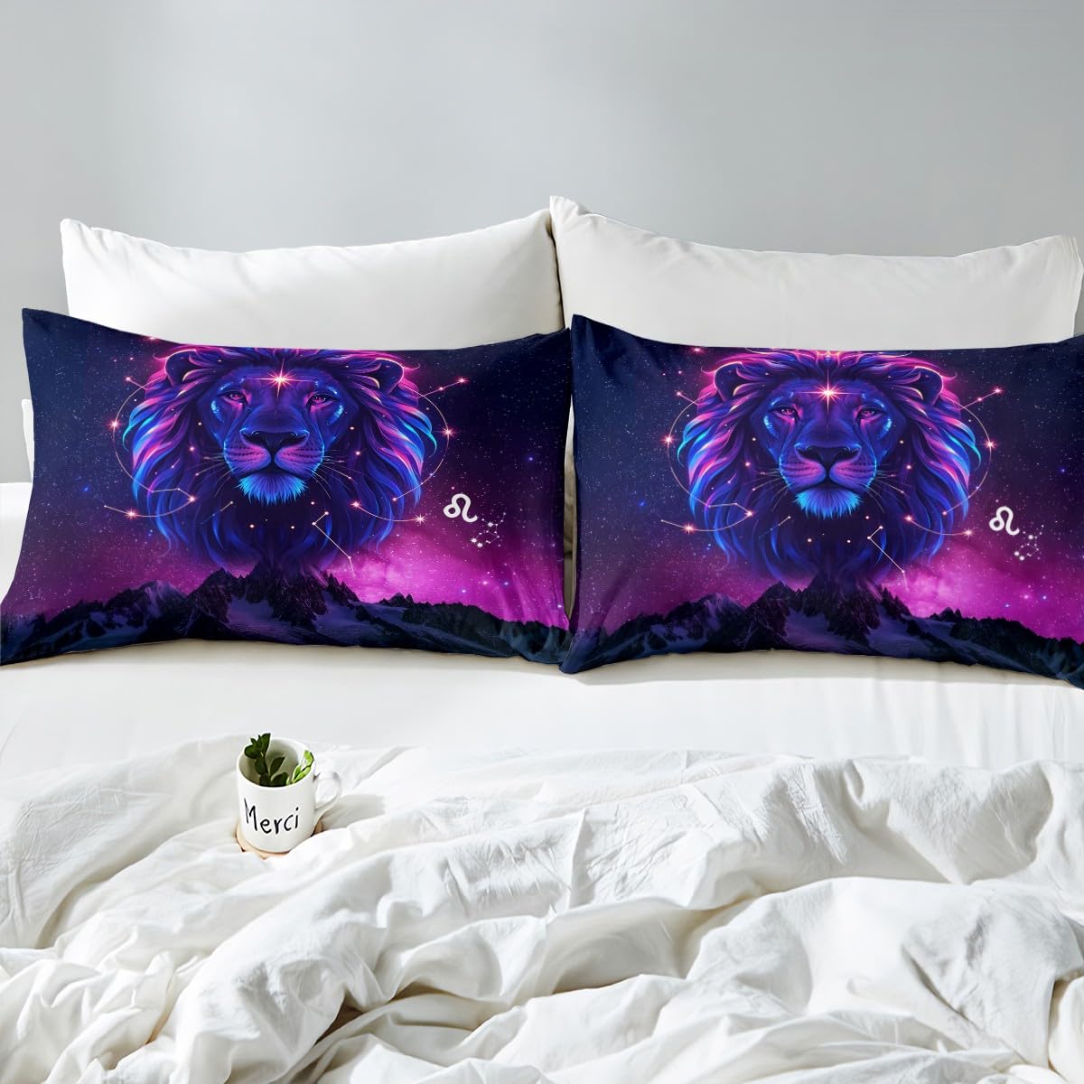 Leo Kids Duvet Cover Set Full Size,Starrry Sky Galaxy Romantic Bedding Set,Boys Girls Room Decor,12 Constelleations Western Astrology Zodiac Comforter Cover,Blue Purple Quilt Cover,2 Pillowcases