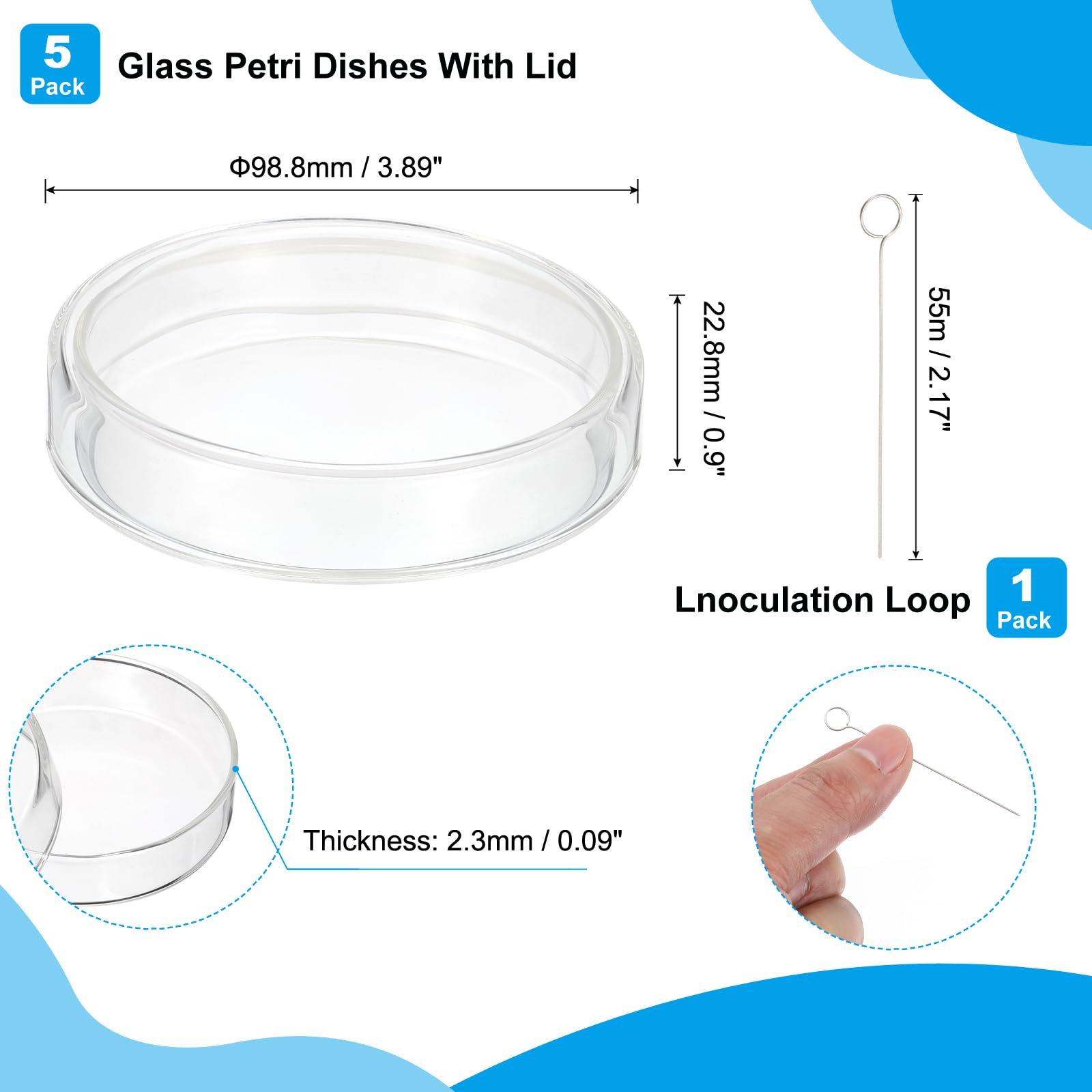 PATIKIL 90mm High Borosilicate Glass Petri Dishes with Lids, 5 Pack Petri Plates with a Inoculation Loop for Lab Science Experiment, Clear