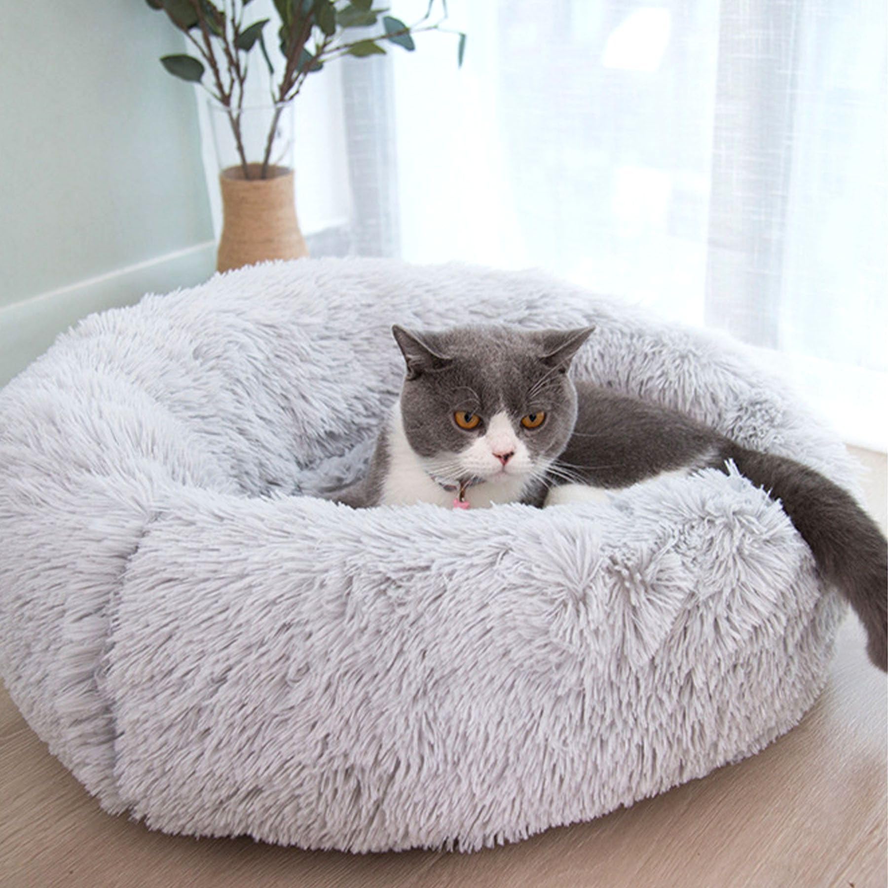 Lemuluxe Cat Beds for Indoor Cats, 15 inches Small Dog Bed Calming Plush Cat Bed Fluffy Round Dog Bed Donut Dog Bed Soft Puppy Pet Bed Cat Beds Kitten Beds for Indoor Kittens (Grey)