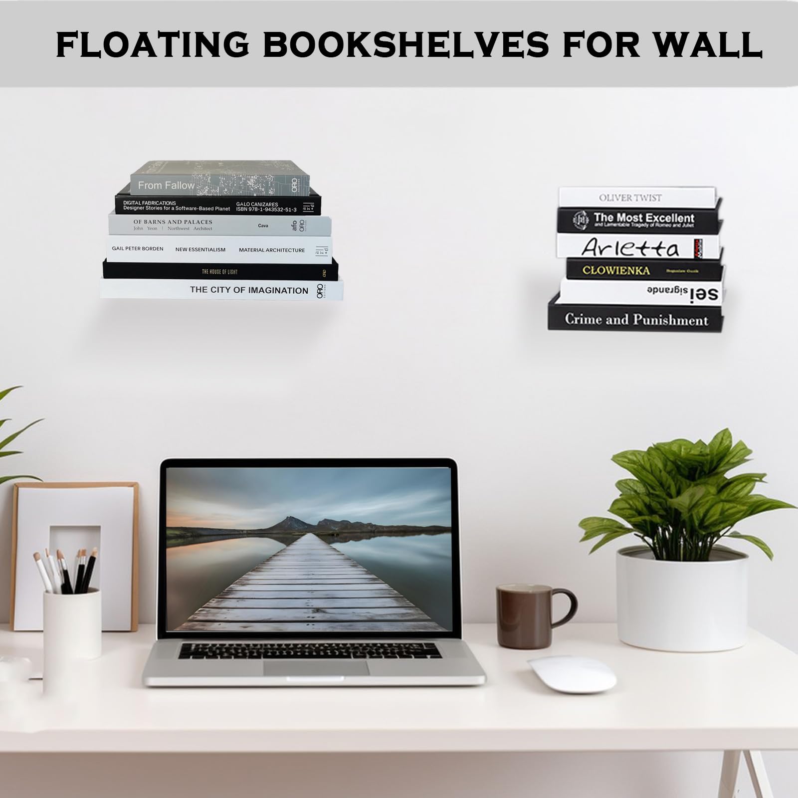 VEEBELL Invisible Floating Bookshelves Wall Mounted, Heavy-Duty Book Organizers, Hidden Book Shelf Metal Shelves Holder for Books Storage Bedroom Living Room Home Office, Black 4-Pack Large