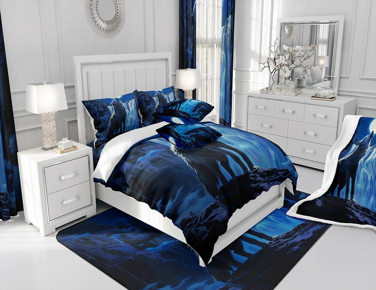 Moon Howling Wolf Bedding Set Twin Size,3D Wolf Duvet Cover Set Kids Boys Girls Room Decor,Waterfall Wild Animal Moonlight Comforter Cover 2Pcs,Blue Dark Night Nature Bedspreads Cover,1 Pillowcase