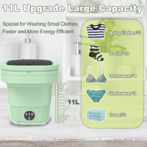 Mini Washing Machine, 11L Large Capacity, Foldable Portable Washing Machine with Spin Dryer, Small Collapsible Laundry Washer for Travel, Apartment, RV, Underwears, Socks, Baby Clothes, Green