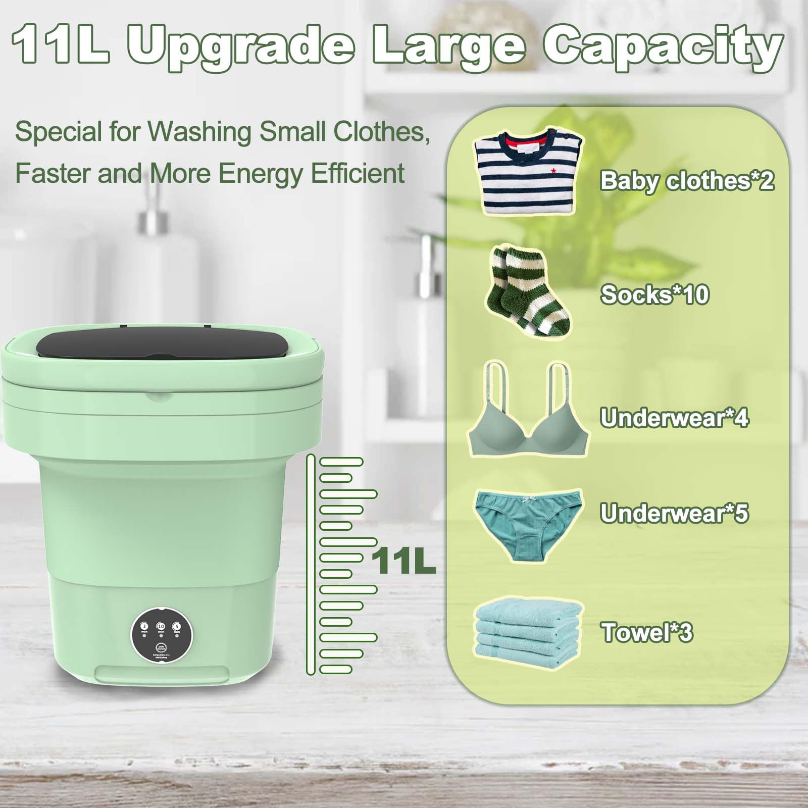 Mini Washing Machine, 11L Large Capacity, Foldable Portable Washing Machine with Spin Dryer, Small Collapsible Laundry Washer for Travel, Apartment, RV, Underwears, Socks, Baby Clothes, Green