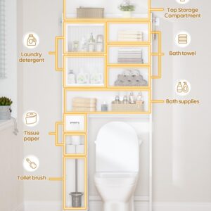 Cozivolife Over The Toilet Storage Cabinet with Acrylic Door Panel and Paper Towel Drawer, Bamboo Toilet Shelf, Organizer Rack Above Toilet for Bathroom (Without Power Strip, White)