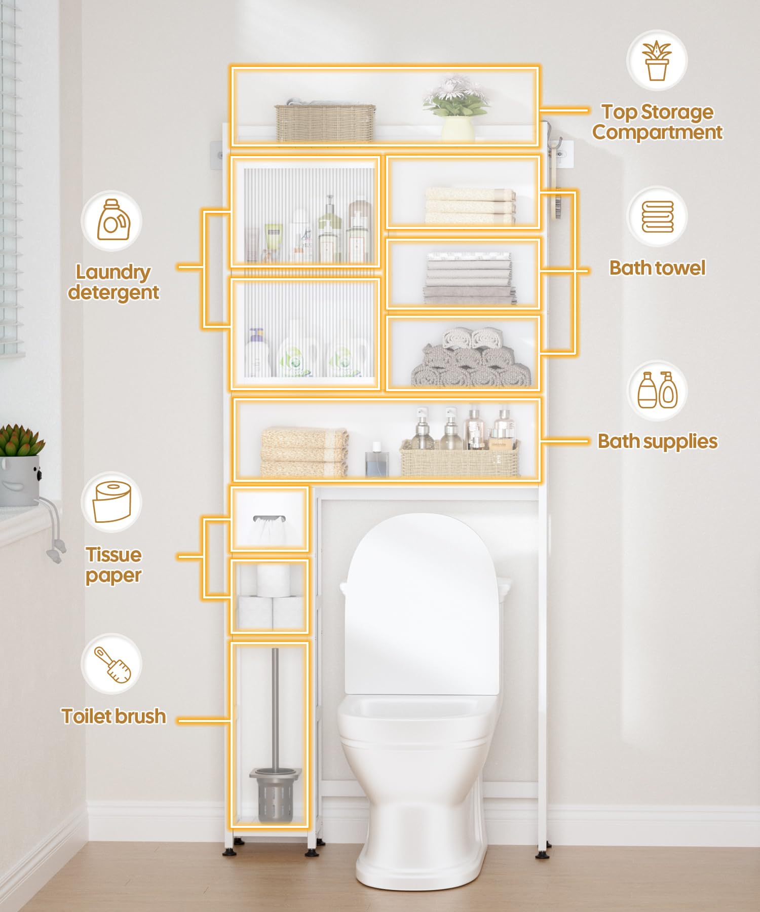 Cozivolife Over The Toilet Storage Cabinet with Acrylic Door Panel and Paper Towel Drawer, Bamboo Toilet Shelf, Organizer Rack Above Toilet for Bathroom (Without Power Strip, White)