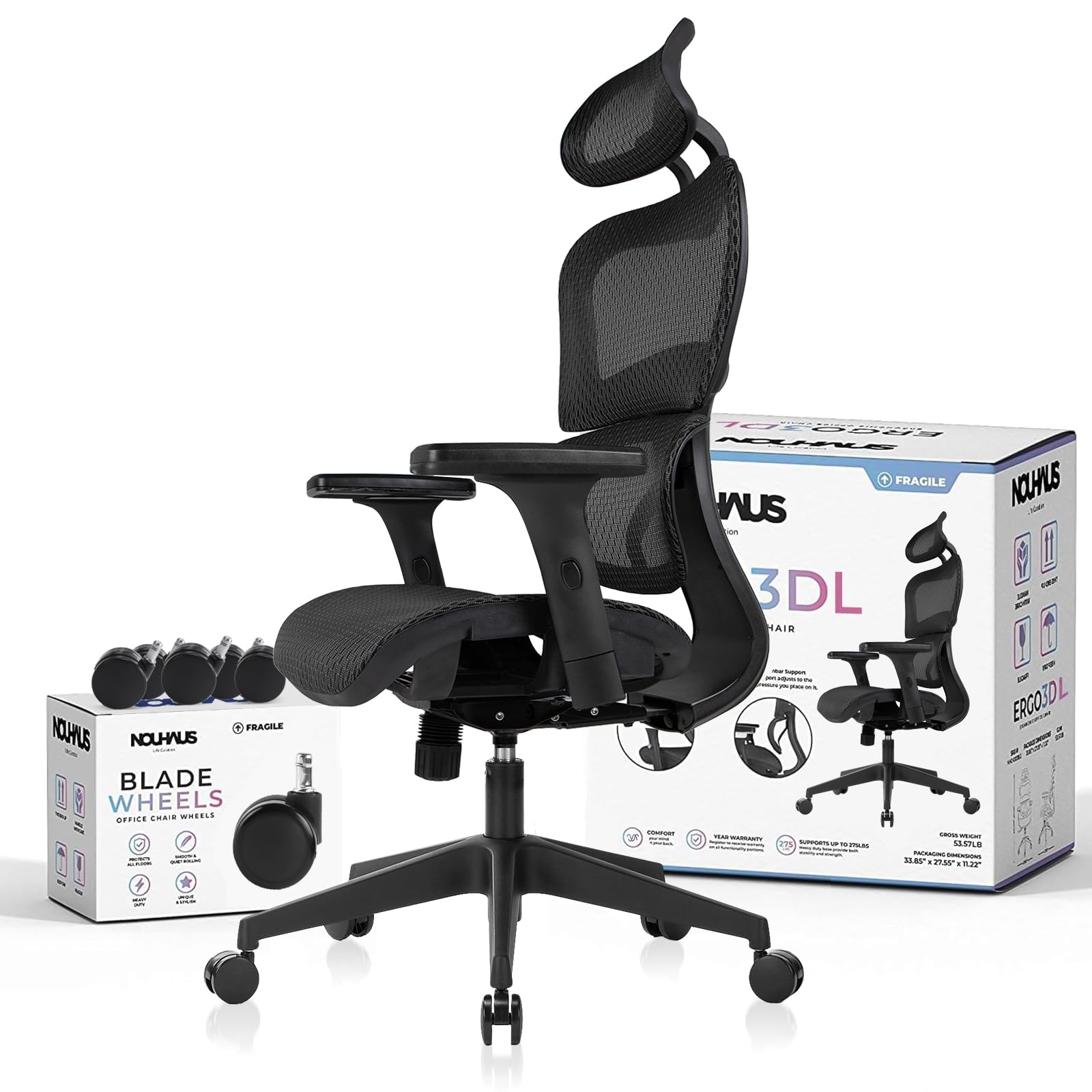 Nouhaus Ergo3dL Home Office Desk Chairs Ergonomic Office Chair High-Back Mesh Rolling Work Chairs with Wheels and Adjustable Headrests Comfortable Lumbar Support Adjustable Armrests