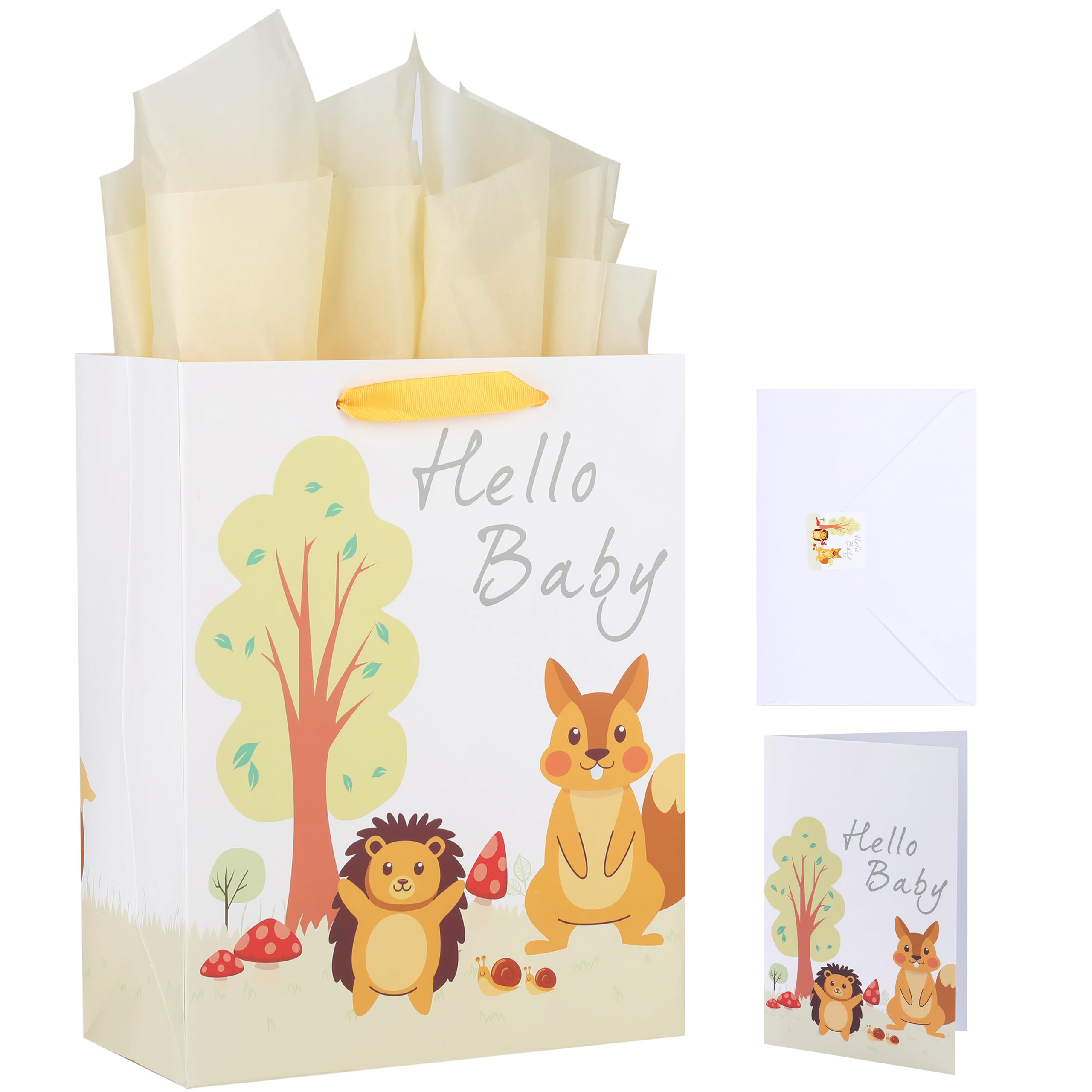 13" Large White Gift Bag Set with Greeting Card and Tissue Papers (Hello Baby Design) for Girls' Birthday Party, Baby Shower, Baby Girl or Boy - 10.2”x5.2”x13”, 1 Pcs.