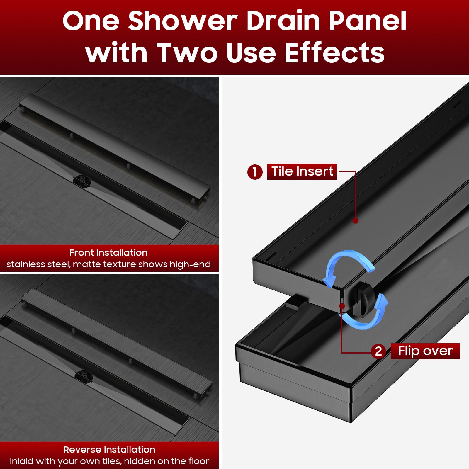 DLONE Linear Shower Drain, 24 Inch AISI 304 Stainless Steel Shower Floor Drain with Tile Insert Grate, High-end Linear Drain with Leveling Feet and Hair Catcher. (Matte Black)