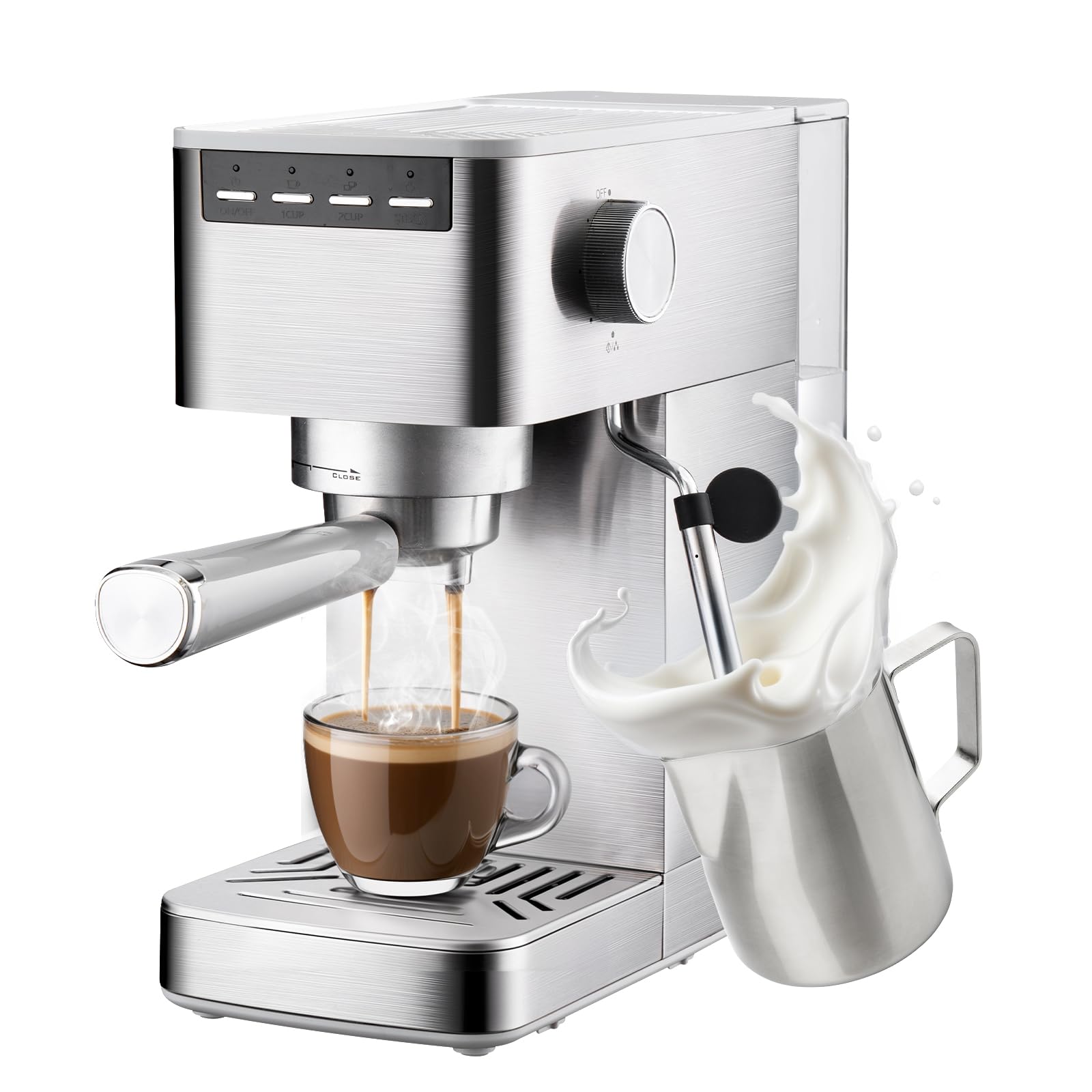 Auertech Espresso Machine, 15 Bar Stainless Steel Coffee Maker with Milk Frother, Cappuccino Latte Machine with 41oz Removable Water Tank, Compact 2-Cup Coffee Machine