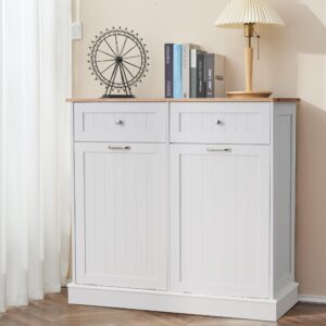 OUTGUAVA Double Tilt Out Trash Cabinet Free Standing Recycling Trash Cabinet with Hideaway Drawers, 2x13 Gallons Pet Proof Trash Can Cabinet for Kitchen Living Room (White)