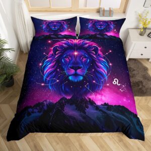 leo kids duvet cover set full size,starrry sky galaxy romantic bedding set,boys girls room decor,12 constelleations western astrology zodiac comforter cover,blue purple quilt cover,2 pillowcases