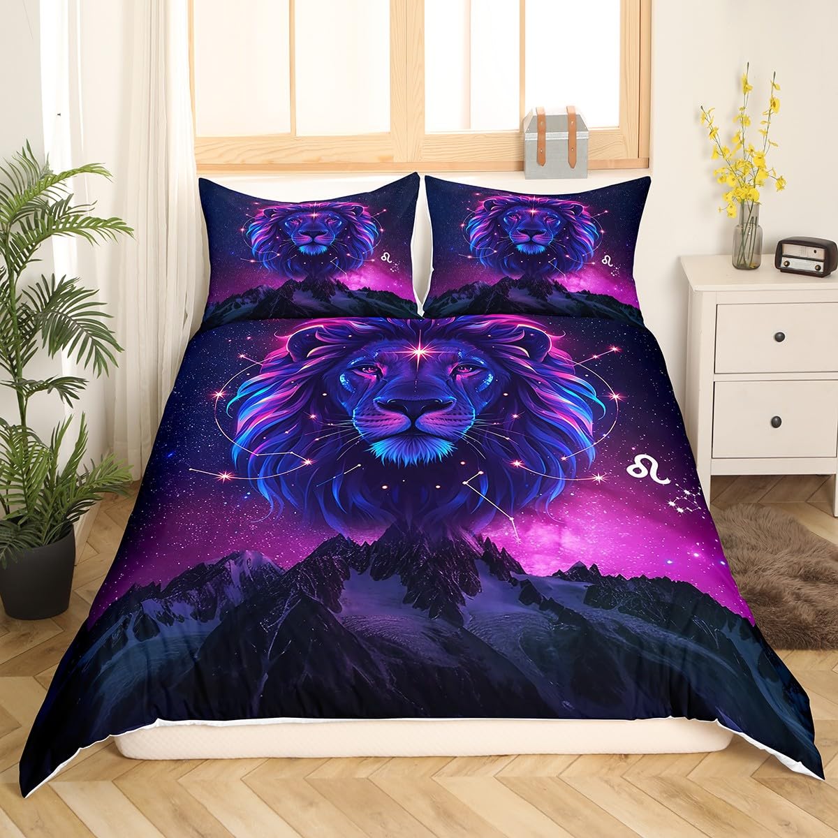 Leo Kids Duvet Cover Set Full Size,Starrry Sky Galaxy Romantic Bedding Set,Boys Girls Room Decor,12 Constelleations Western Astrology Zodiac Comforter Cover,Blue Purple Quilt Cover,2 Pillowcases