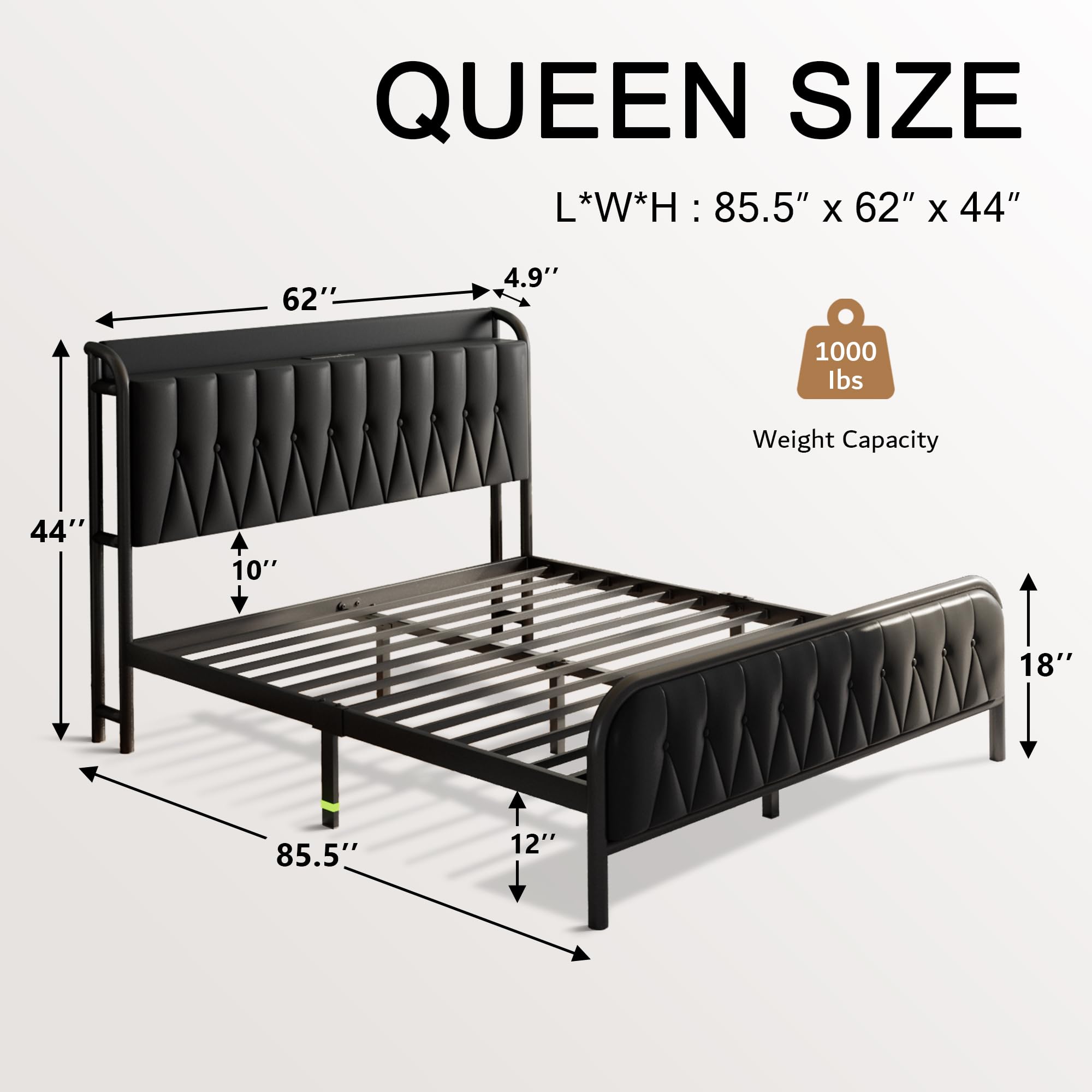 Einhomn Queen Bed Frame with Charging Station, Platform Bed with Faux Leather Upholstered Storage Headboard & Footboard, 12" Underbed Space, Noise-Free, Easy Assembly, No Box Spring Needed, Black