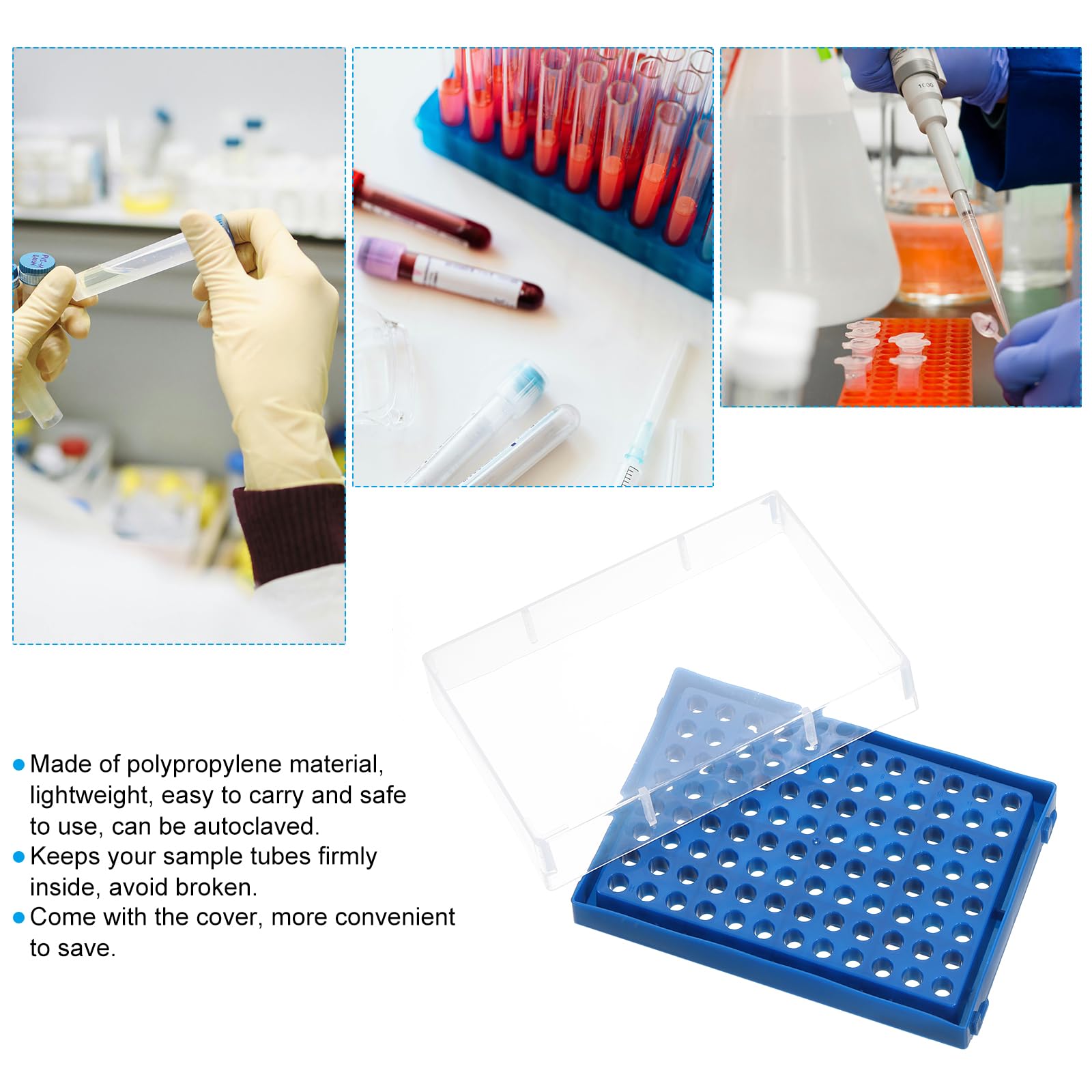 PATIKIL 96 Wells PCR Tube Rack for 0.2ml Test Strips Tubes, 4pcs Waterproof Tubes Filling Tray Centrifuge Tube Holder, Blue