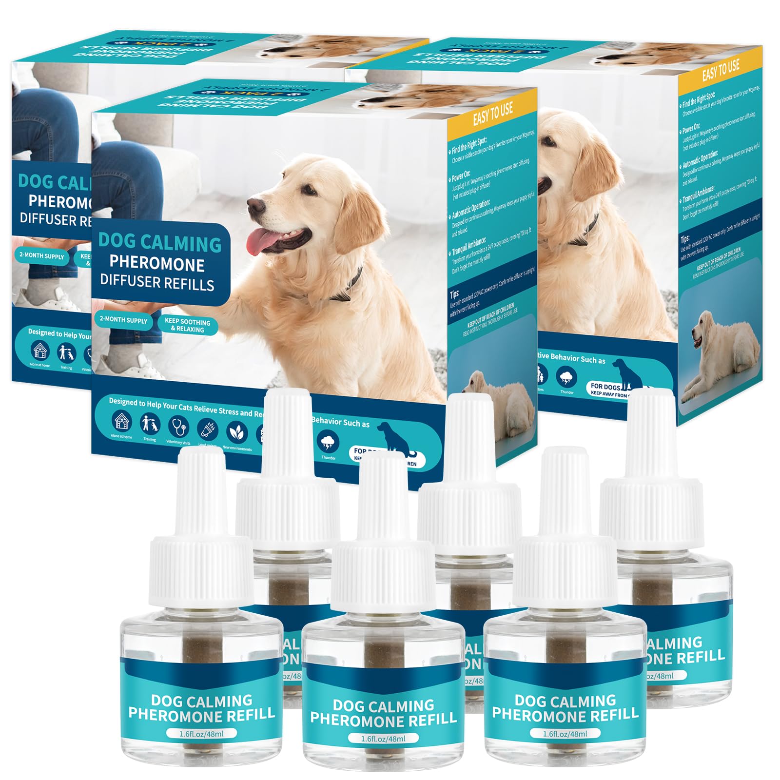 Dog Calming Diffuser Refills, 6 Pack Dog Calming Pheromones Diffuser for Dog Pheromones Calming Refill, 120 Days Anxiety Relief Stress Appeasing Pheromone Diffuser Calm Dog, Fits All Common Diffuser