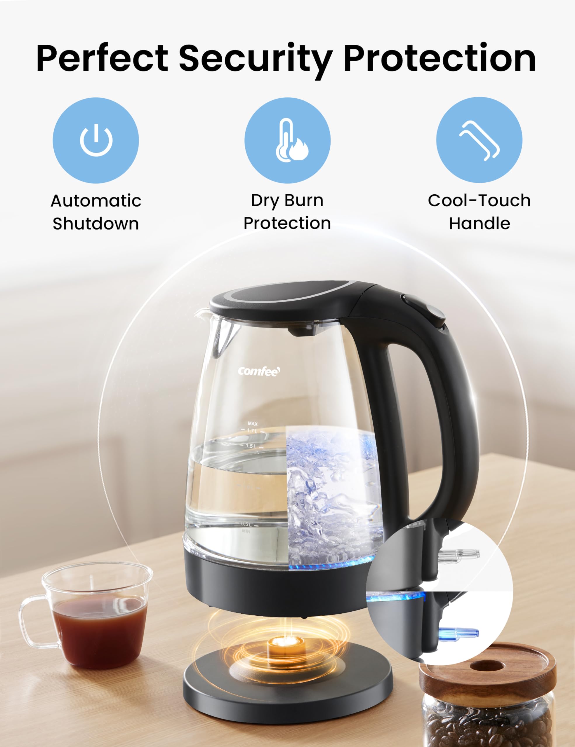 COMFEE' Electric Kettle, 1.7L Hot Water Boiler, 1500W Fast Boil, Glass Electric Tea Kettle with LED Indicator, Auto Shut-Off and Boil-Dry Protection, BPA Free