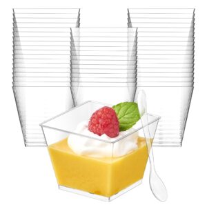 zezzxu 50 pack 4 oz square mini dessert cups with spoons - plastic pudding cups & parfait cups party dessert shooters for serving trifle mousse cake appetizer fruit