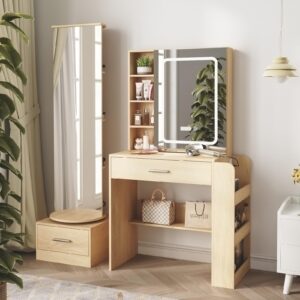 natural vanity desk with full length mirror and lights mirror makeup vanity table with 2 storage drawers dressing table for bedroom with power outlet,charging station,hooks hidden,shelves,natural