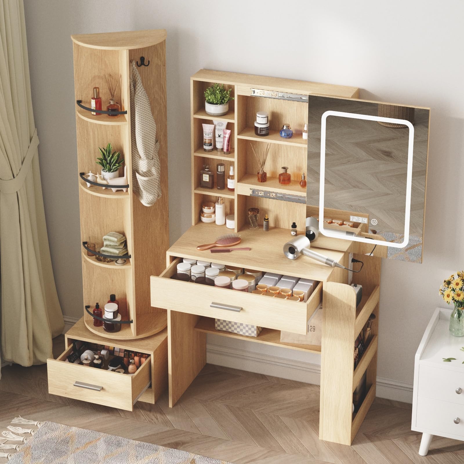 Natural Vanity Desk with Full Length Mirror and Lights Mirror Makeup Vanity Table with 2 Storage Drawers Dressing Table for Bedroom with Power Outlet,Charging Station,Hooks Hidden,Shelves,Natural