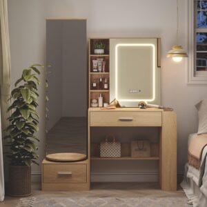 Natural Vanity Desk with Full Length Mirror and Lights Mirror Makeup Vanity Table with 2 Storage Drawers Dressing Table for Bedroom with Power Outlet,Charging Station,Hooks Hidden,Shelves,Natural