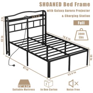 SHOANED Full Size Metal Bed Frame - 18 Inch Heavy Duty Bedframe with Headboard & Charging Station Basic Steel Slats Platform with Galaxy Aurora Projector No Box Spring Needed