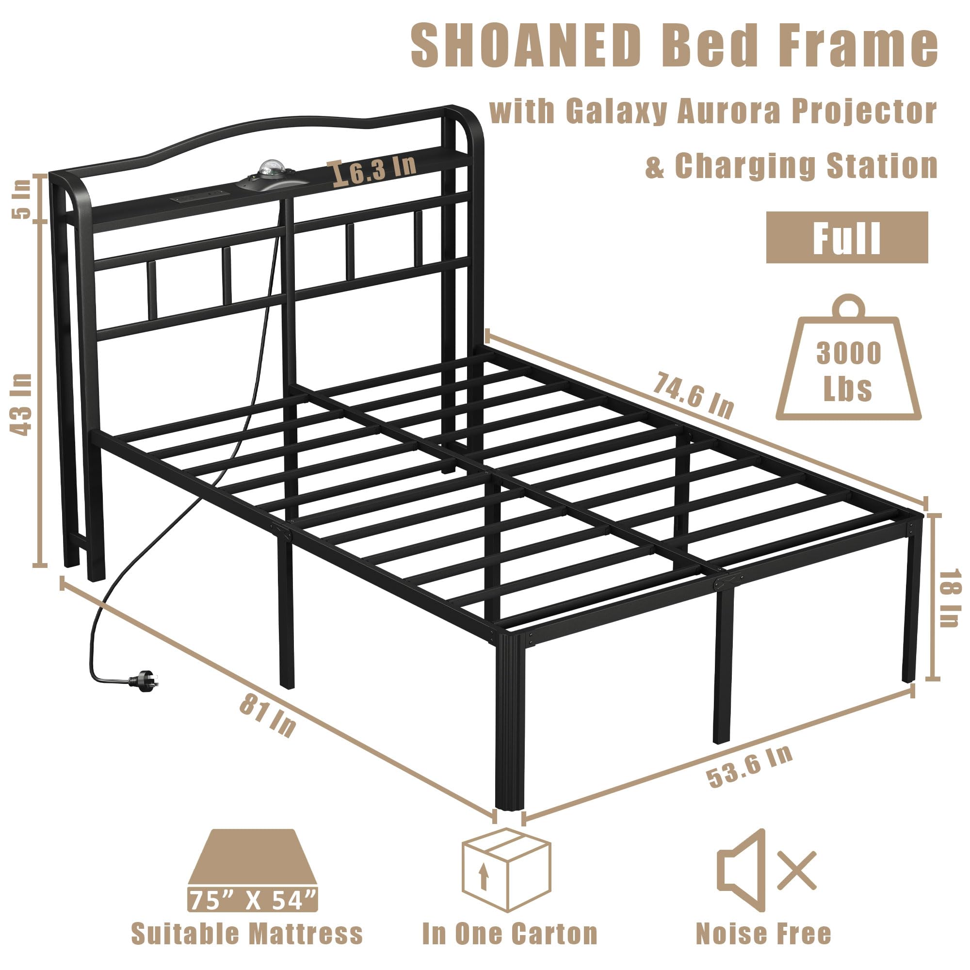 SHOANED Full Size Metal Bed Frame - 18 Inch Heavy Duty Bedframe with Headboard & Charging Station Basic Steel Slats Platform with Galaxy Aurora Projector No Box Spring Needed