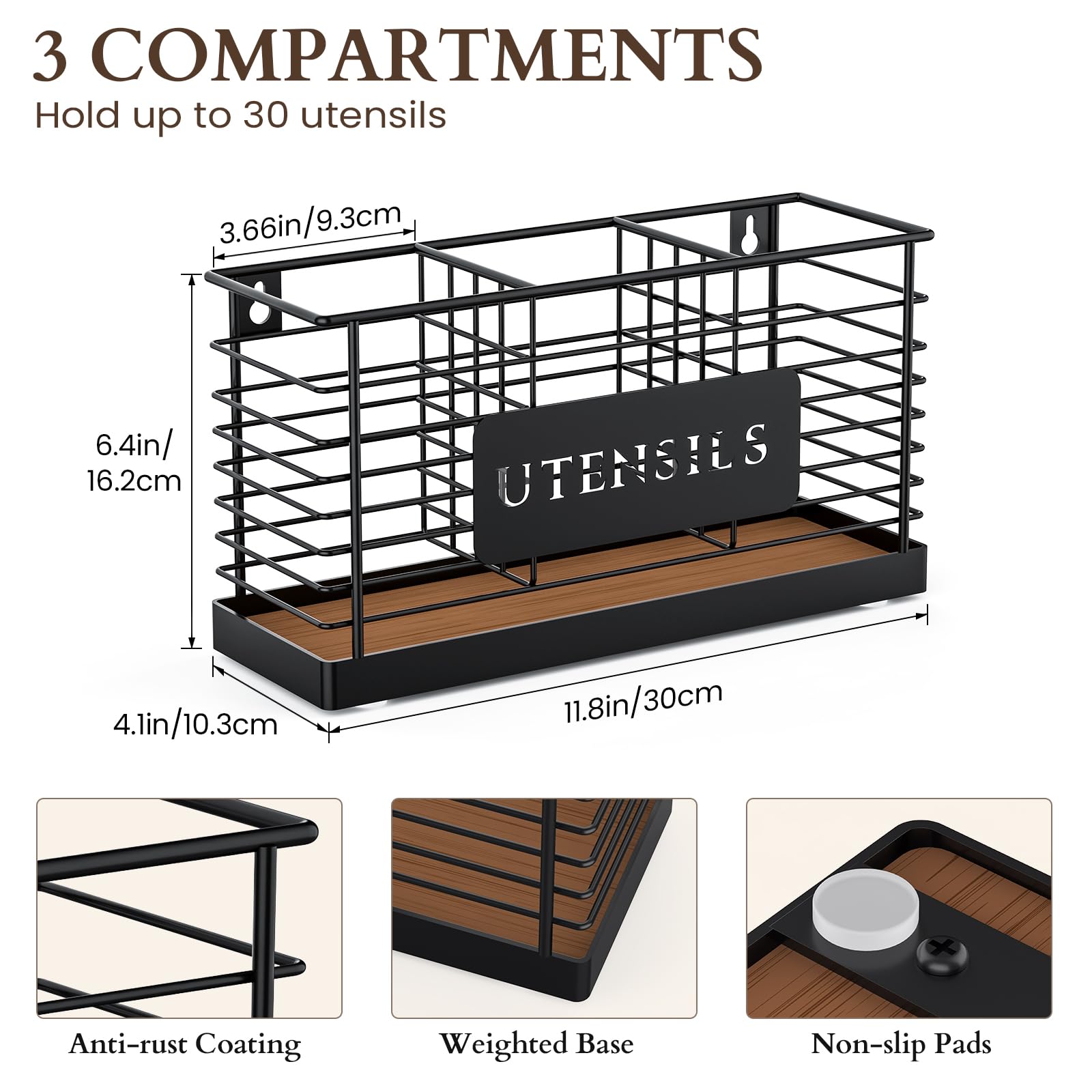 THYGIFTREE Utensil Holder for Kitchen Counter Large Black Metal Cooking Utensil Organizer 3 Compartments for Countertop Kitchen Tool Spatula Holder Wood Base