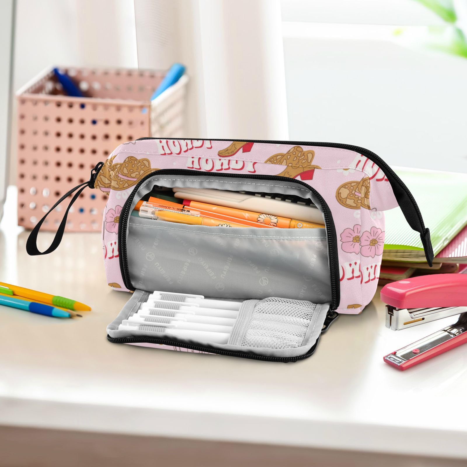 Large Pencil Case,Retro Cowgirl Boots Cactus Pink Student Pencil Bag Big Capacity Pencil Pouch Stationery Makeup Bag Organizer Pen Bag for Teen Boys Girls School College Office