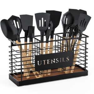 thygiftree utensil holder for kitchen counter large black metal cooking utensil organizer 3 compartments for countertop kitchen tool spatula holder wood base