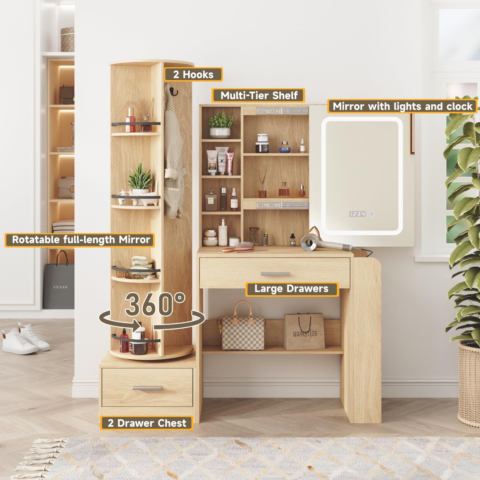 Natural Vanity Desk with Full Length Mirror and Lights Mirror Makeup Vanity Table with 2 Storage Drawers Dressing Table for Bedroom with Power Outlet,Charging Station,Hooks Hidden,Shelves,Natural