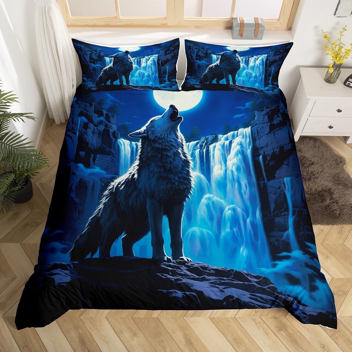 Moon Howling Wolf Bedding Set Twin Size,3D Wolf Duvet Cover Set Kids Boys Girls Room Decor,Waterfall Wild Animal Moonlight Comforter Cover 2Pcs,Blue Dark Night Nature Bedspreads Cover,1 Pillowcase