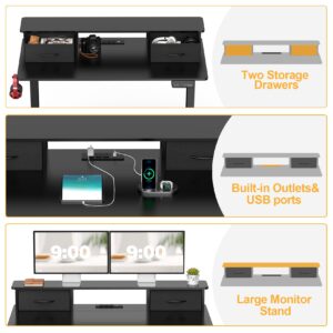 Mr IRONSTONE Standing Desk, 47 x 24 Inches Electric Height Adjustable Desk with 3 AC Outlets & 2 USB Ports, Stand Up Desk with 2 Drawers and Large Monitor Stand, Black