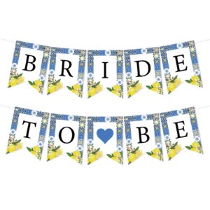 blue tiles lemons bridal shower decorations - bride to be banner, mediterranean bridal shower bunting banner, italy amalfi coast bridal shower banner